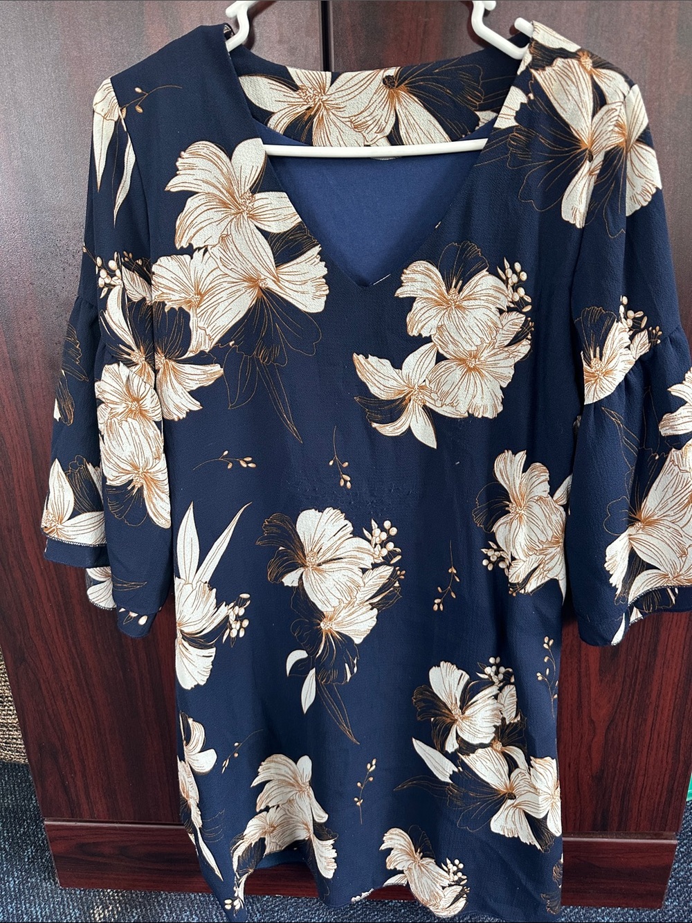 Floral V-Neck Navy Dress with Cream Blossom Print